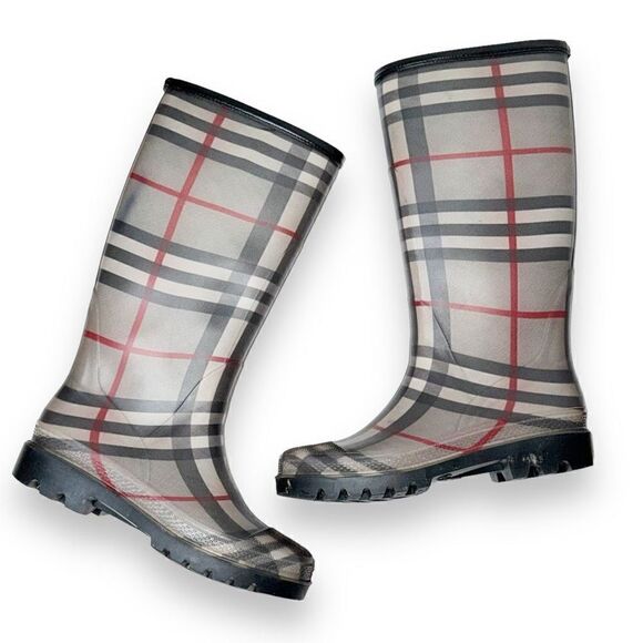 Burberry Grey Black Nova Check Plaid Wellington Rain Boots Women’s 38 (Fit US 8) - Picture 1 of 10